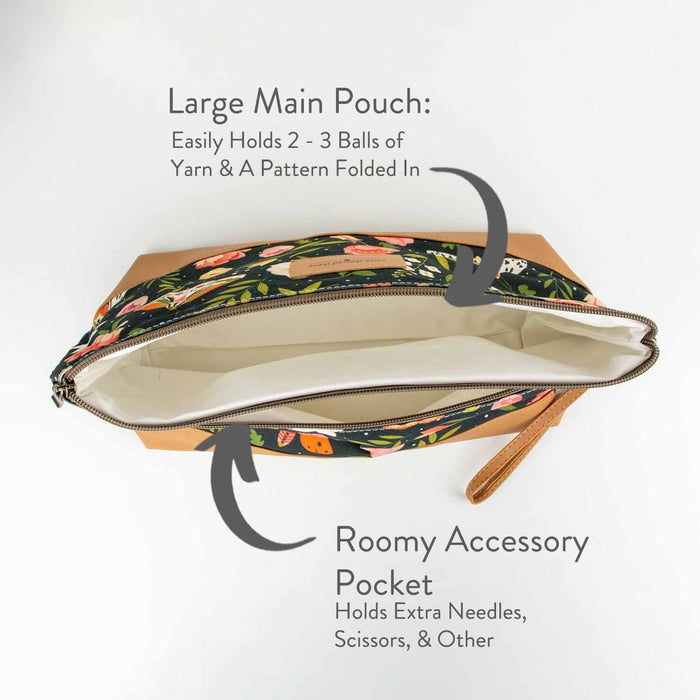 Night Forest Trinity Bag with skeins of yarn tucked inside showing the open top and dark navy moth and floral print fabric