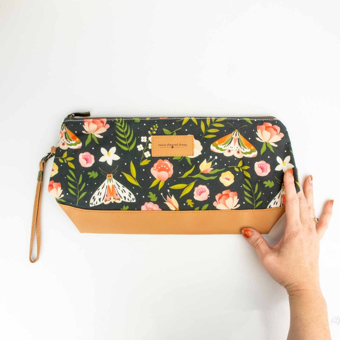 Night Forest Trinity Bag medium size shown from above with yarn and knitting needles inside demonstrating the storage capacity