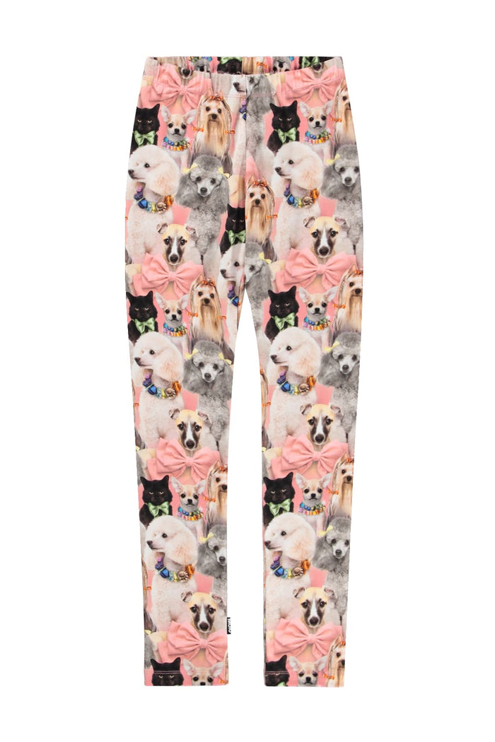 Leggings with dog and bow pattern on a white background