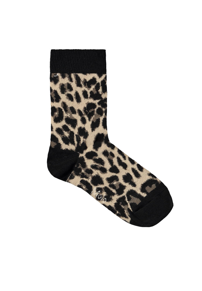 Leopard print sock with black cuffs and toes on a white background