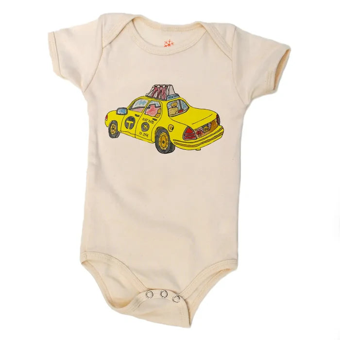 Beige baby onesie with a yellow taxi design on a white background