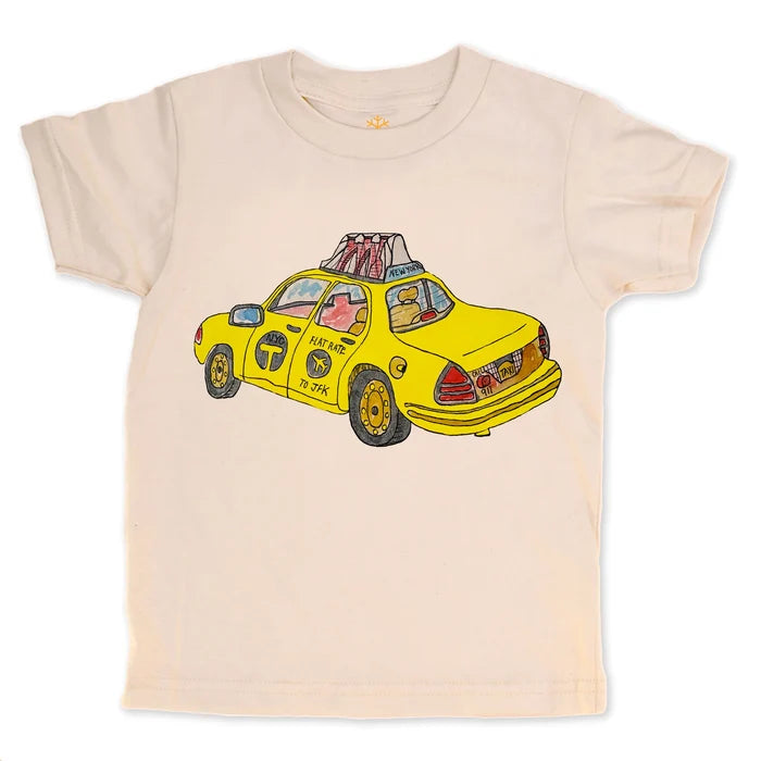 Beige t-shirt with a yellow taxi graphic on a white background