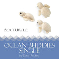Ocean Buddies Single pattern cover for Sea Turtle showing three cream knitted sea turtle toys with wave border and title by Dawn Prickett