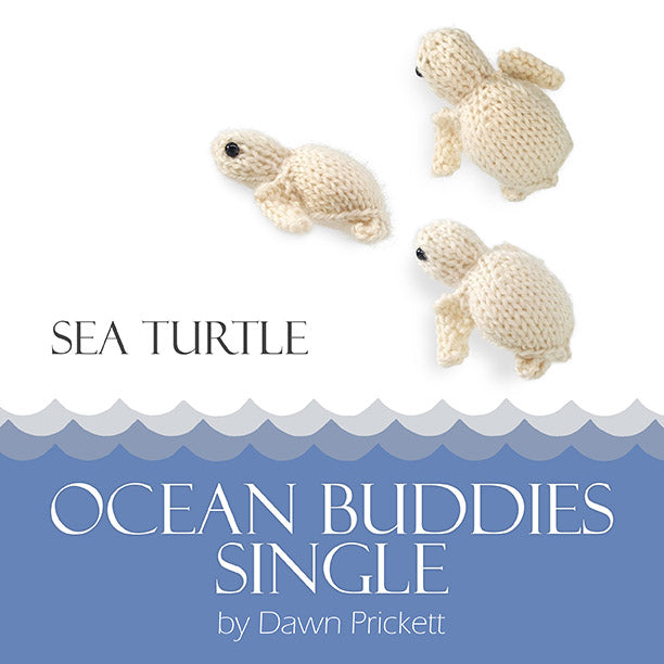 Ocean Buddies Single pattern cover for Sea Turtle showing three cream knitted sea turtle toys with wave border and title by Dawn Prickett