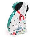 Puzzle packaging shaped like a dalmatian dog with a red scarf and bird, on a white background.