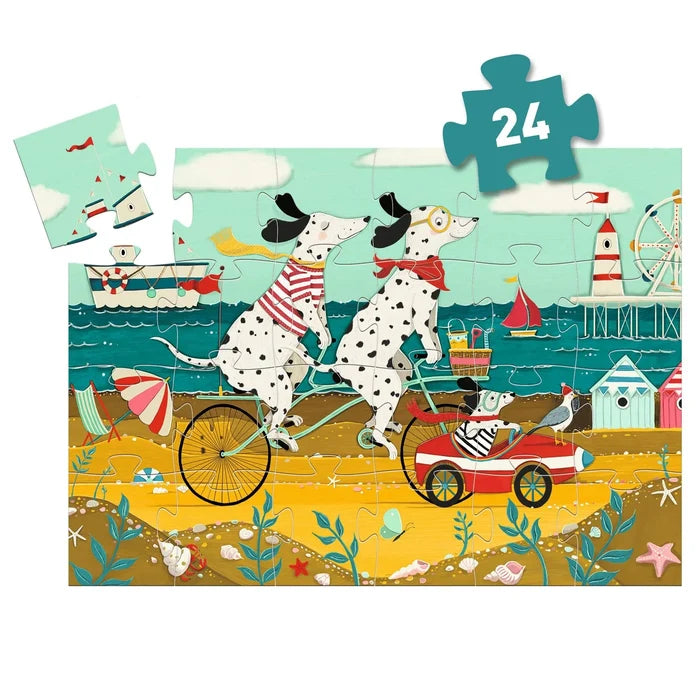 Children's puzzle with two Dalmatian dogs on a beach scene, featuring a piece labeled '24'.