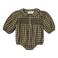 olive and grey gingham bubble romper with smocked chest detail, peter pan collar, and puff sleeve details for baby girl on white background.
