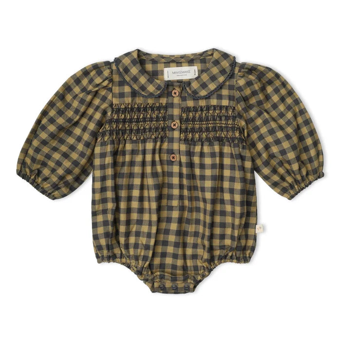 olive and grey gingham bubble romper with smocked chest detail, peter pan collar, and puff sleeve details for baby girl on white background.