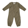 olive green and charcoal gingham romper with wooden buttons on white background