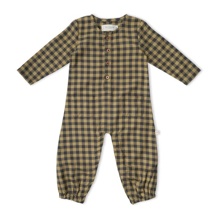 olive green and charcoal gingham romper with wooden buttons on white background
