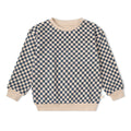 navy blue and cream checker print pullover sweatshirt on white background