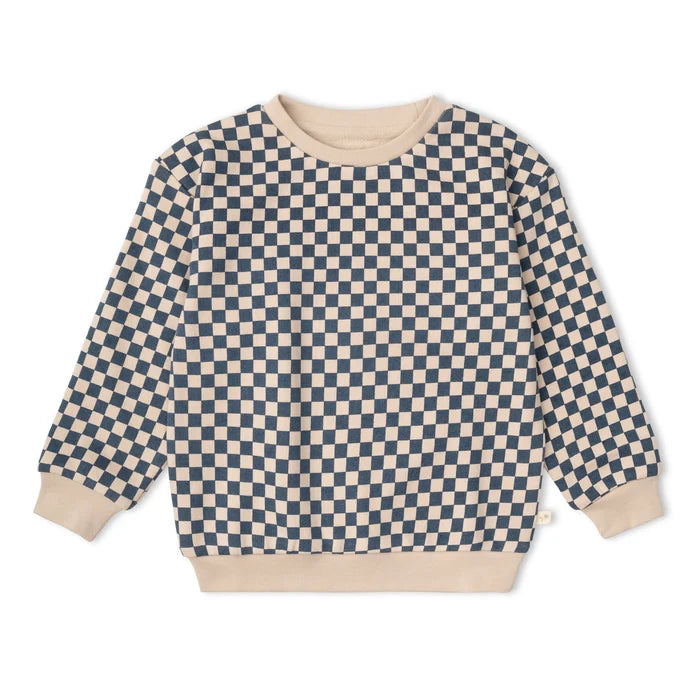 navy blue and cream checker print pullover sweatshirt on white background