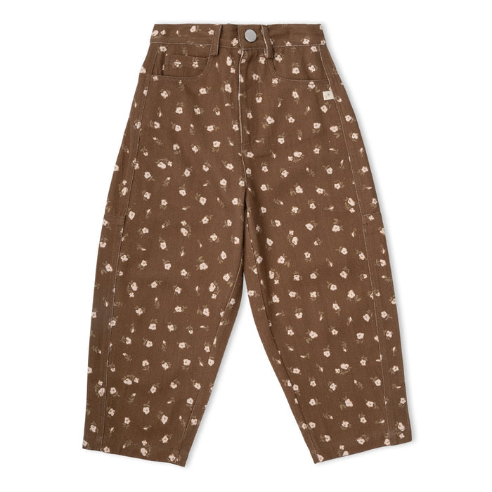 brown barrel leg pants with pink flowers all over on white background