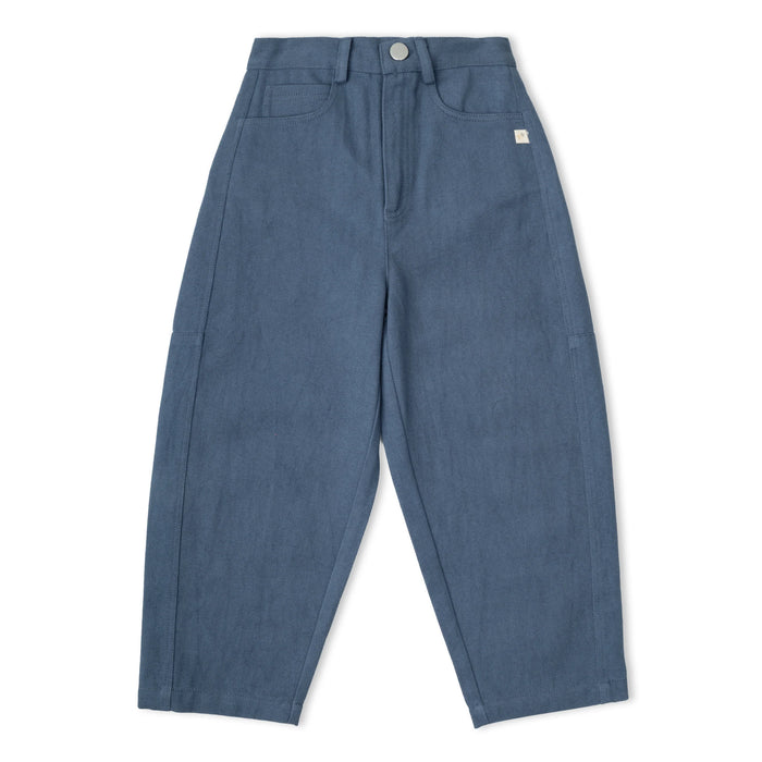 navy barrel leg pants on white background