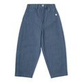 navy barrel leg pants on white background