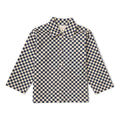 navy blue and cream checker print jacket with patch pockets on white background.