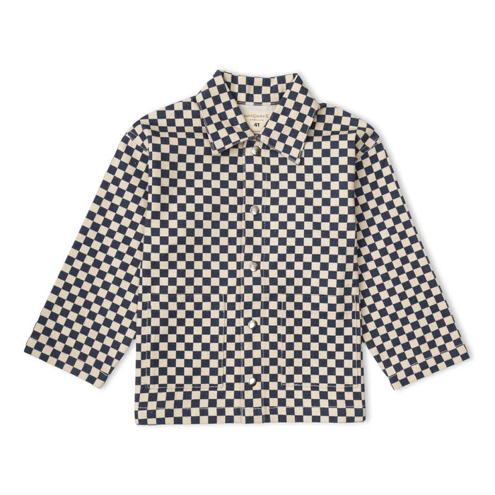 navy blue and cream checker print jacket with patch pockets on white background.