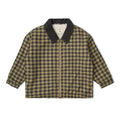 olive green and charcoal gingham zip jacket with faux fur lining and corduroy collar on white background
