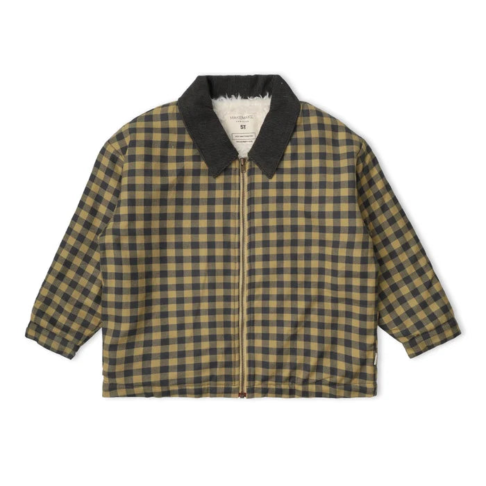 olive green and charcoal gingham zip jacket with faux fur lining and corduroy collar on white background