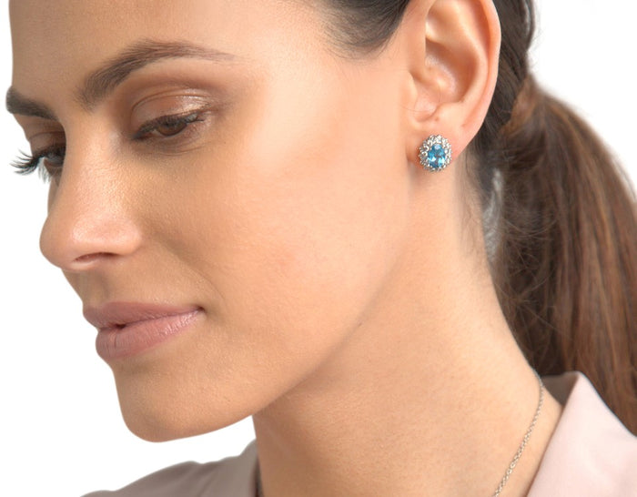 Oval Blue Topaz & White Topaz Earrings