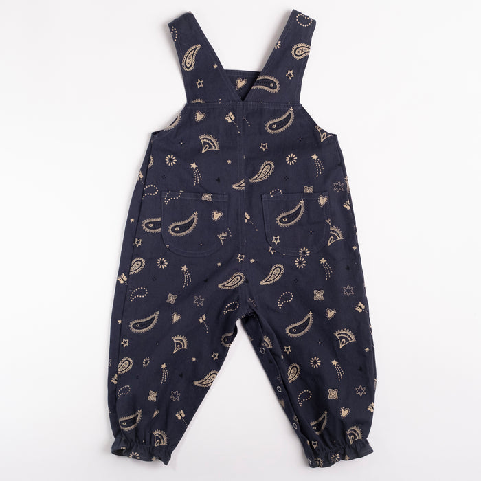 Navy blue overalls with beige paisley pattern on a white background
