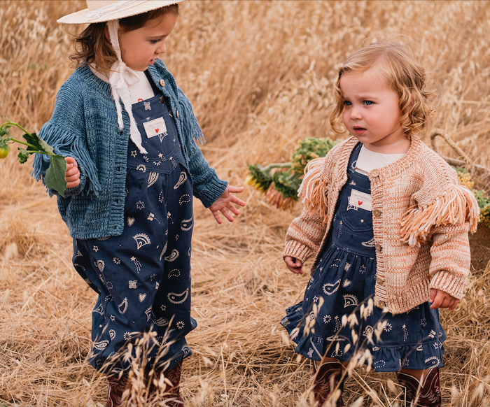 Two young children standing in a field of dry golden grass, wearing matching navy blue denim overalls with white paisley prints and colorful knit cardigans. The child on the left wears a blue cardigan and a straw hat, while the child on the right wears a beige cardigan.