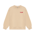 Beige crewneck sweatshirt with red "flip it like a record" embroidered on upper left side on white background,