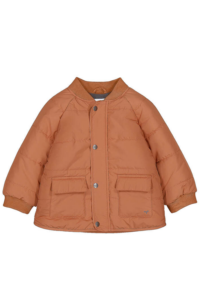 brick red puffer jacket on a white background