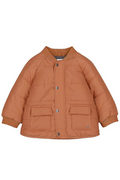 brick red puffer jacket on a white background