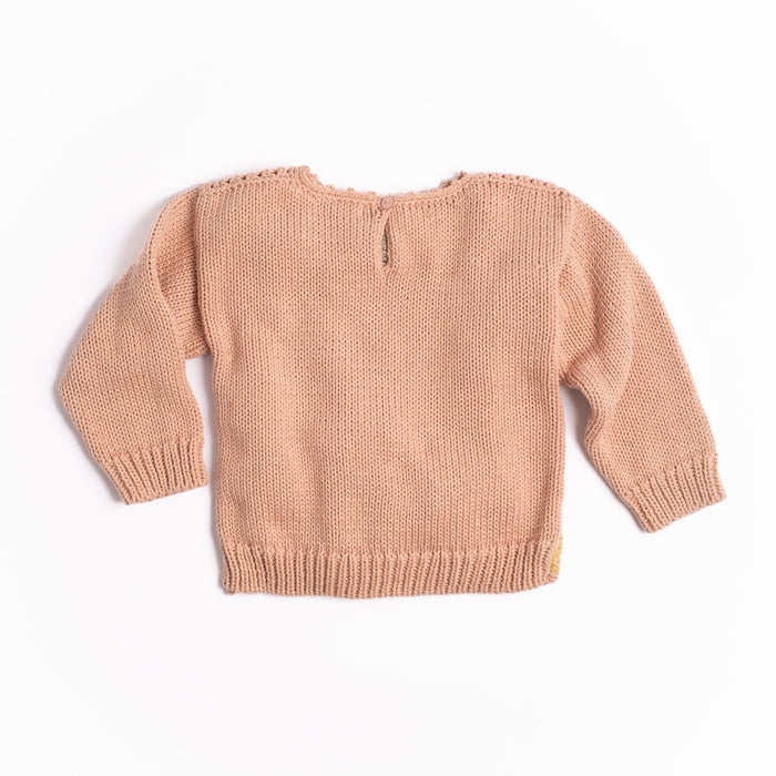 A light pink knit baby sweater with long sleeves, ribbed cuffs and hem, laid flat on a white background.
