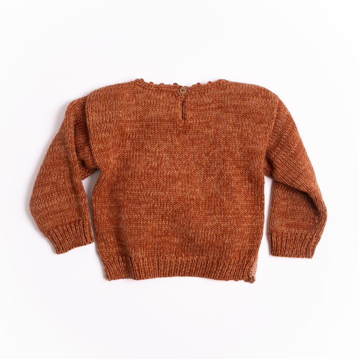 A brown knit sweater with long sleeves and a crew neck, laid flat against a white background.