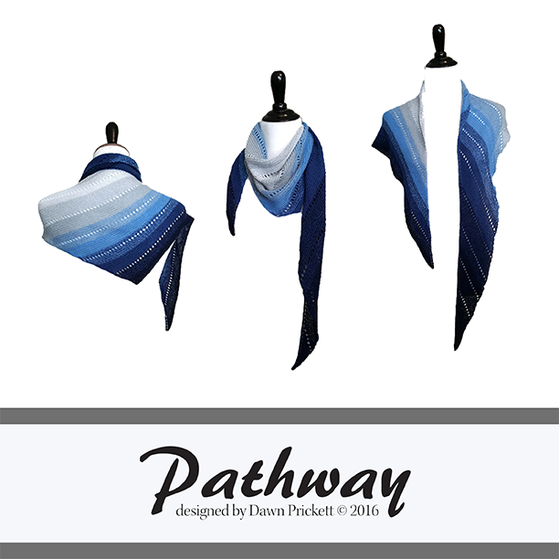 Pathway knit scarf pattern title card showing three mannequins wearing the gradient blue and white diagonal striped scarf in different styling options designed by Dawn Prickett 2016
