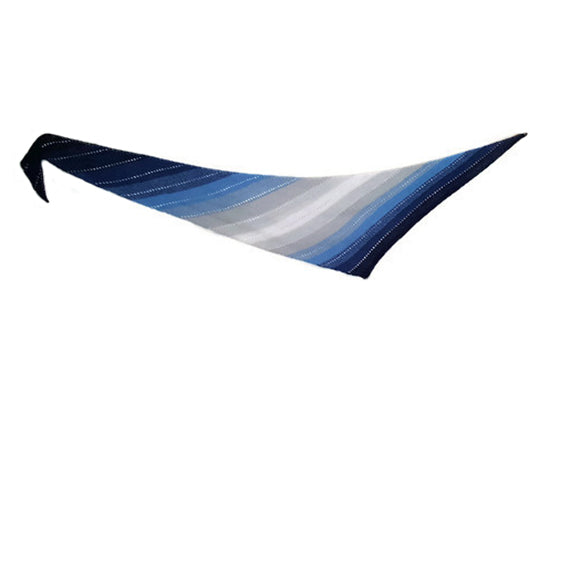 Pathway scarf laid flat showing the full triangular shape with diagonal gradient stripes ranging from dark navy on the left to white on the right