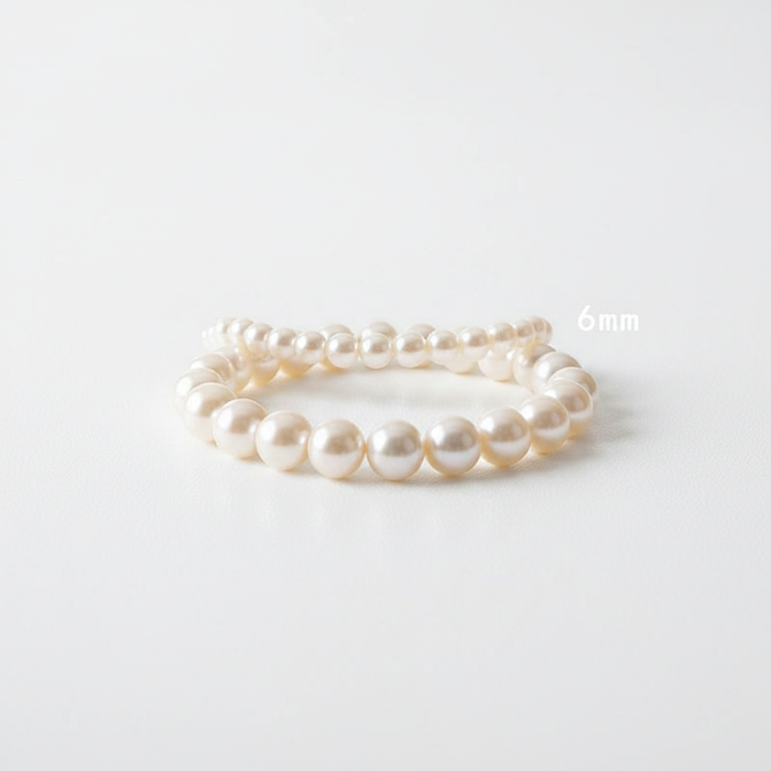 Elegant 6mm white pearl stretch bracelet featuring smooth round lustrous beads on a clean white background