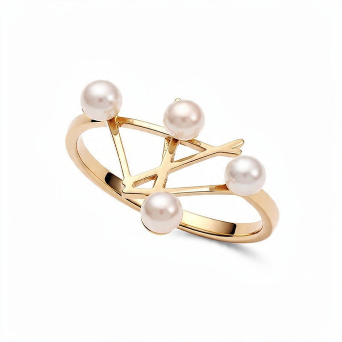 A contemporary open-frame gold ring with a geometric design accented by four round white pearls, centered on a pure white background.