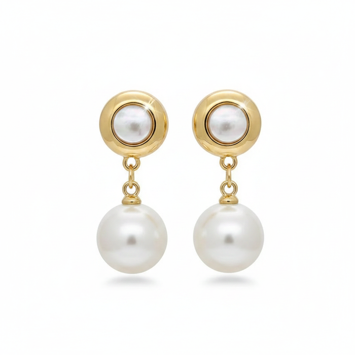 Elegant gold-toned drop earrings featuring round bezel-set pearls and hanging white pearl pendants on a white background