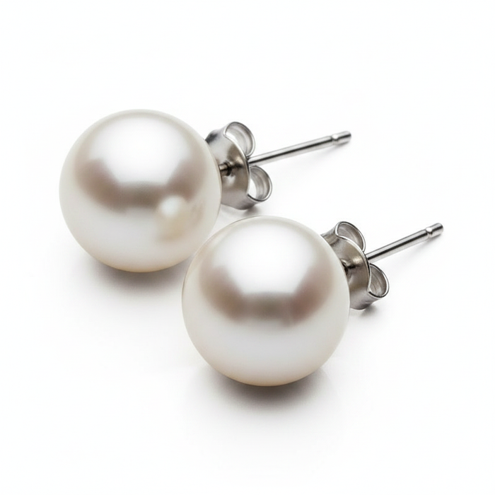 Pair of classic white pearl stud earrings with a high-luster finish and silver-tone butterfly backings, displayed on a clean white surface with soft reflections.