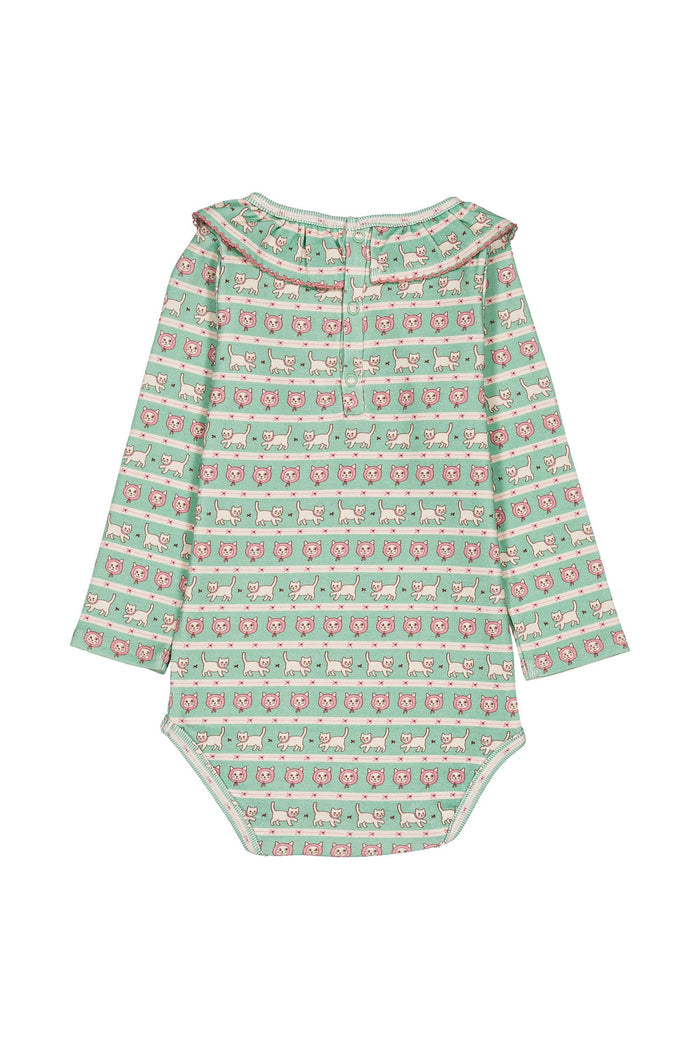 A long-sleeve baby bodysuit with a green and white striped pattern featuring small pink and white animal illustrations, including a large ruffled collar.