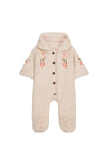 faux fur cream baby footed romper with hood and brown button. pink and green delicate floral embroidering on chest and arms. white background.