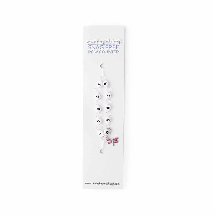 Snag Free Row Counter product card showing the pink dragonfly chain row counter in its packaging