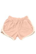 Pink shorts with white trim on a white background