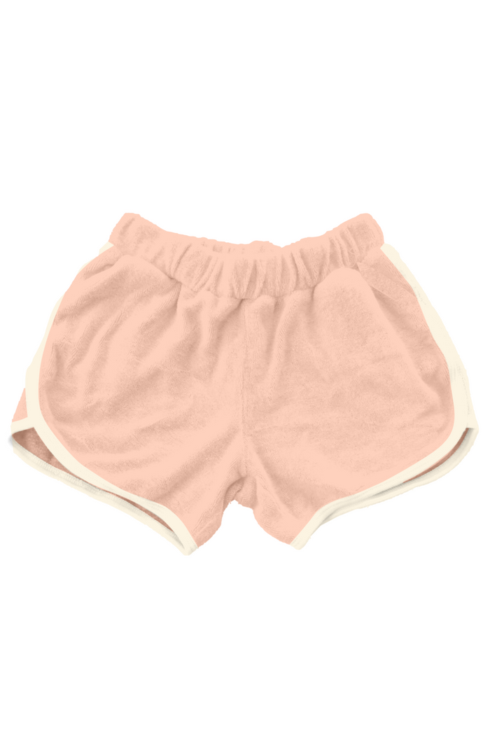 Pink shorts with white trim on a white background