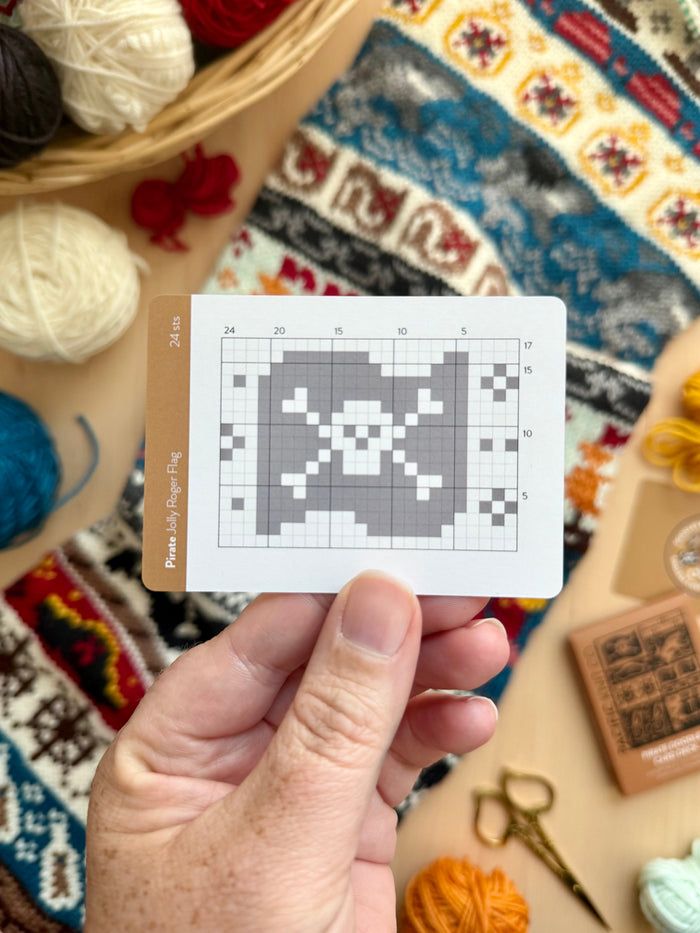 Hand holding a Pirate Doodle skull and crossbones flag chart card