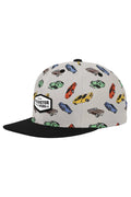 Cap with car pattern and black visor on a white background