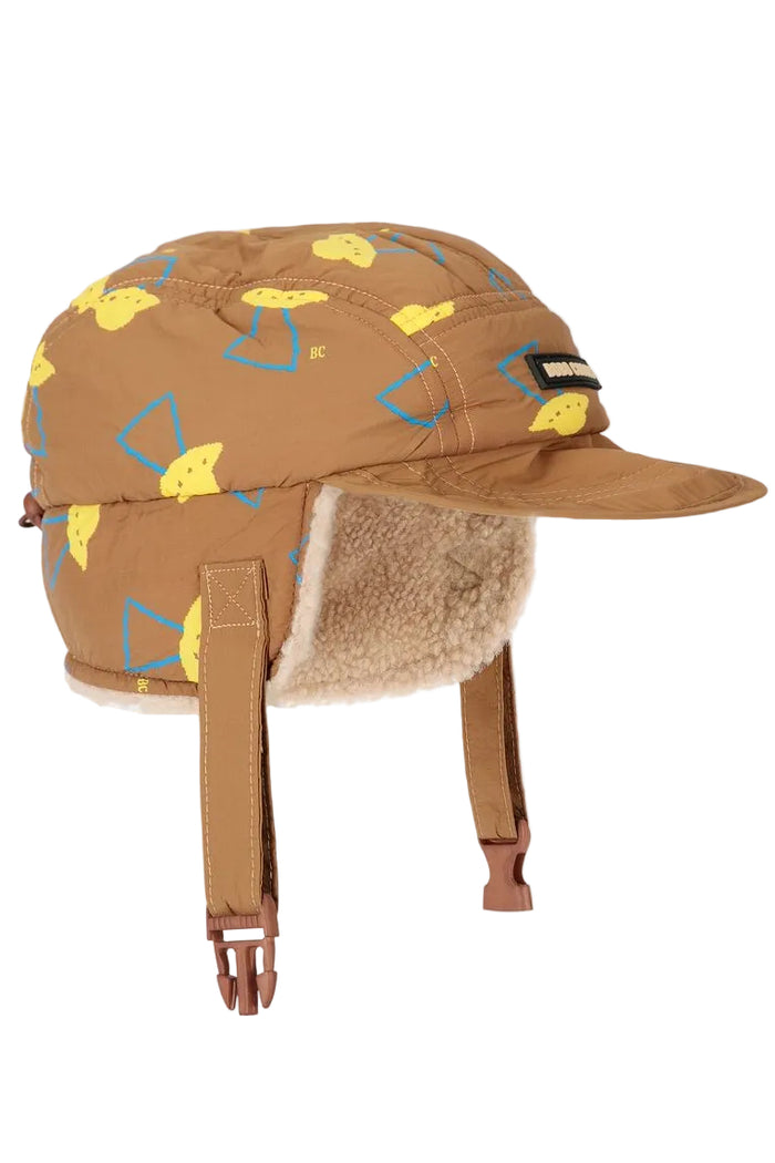 brown winter cap for kid. All over pixel abduction print.