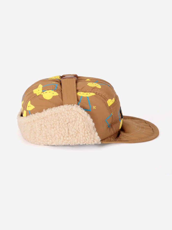 brown winter cap for kid. All over pixel abduction print.