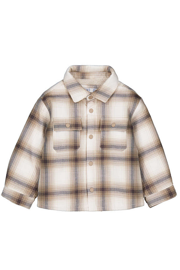 Plaid shirt with beige and brown pattern on a white background