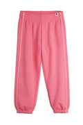 Pink sweatpants with white stripes on a white background
