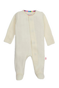 An off-white ribbed knit baby footed sleeper with long sleeves and a button-up front, shown against a plain white background.
