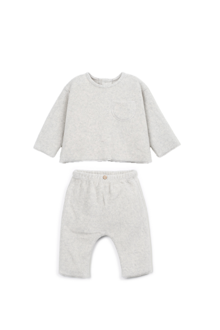 A baby two-piece outfit set in light heather gray, featuring a long-sleeve top with a chest pocket and matching elastic-waist pants, laid flat on a white background.
